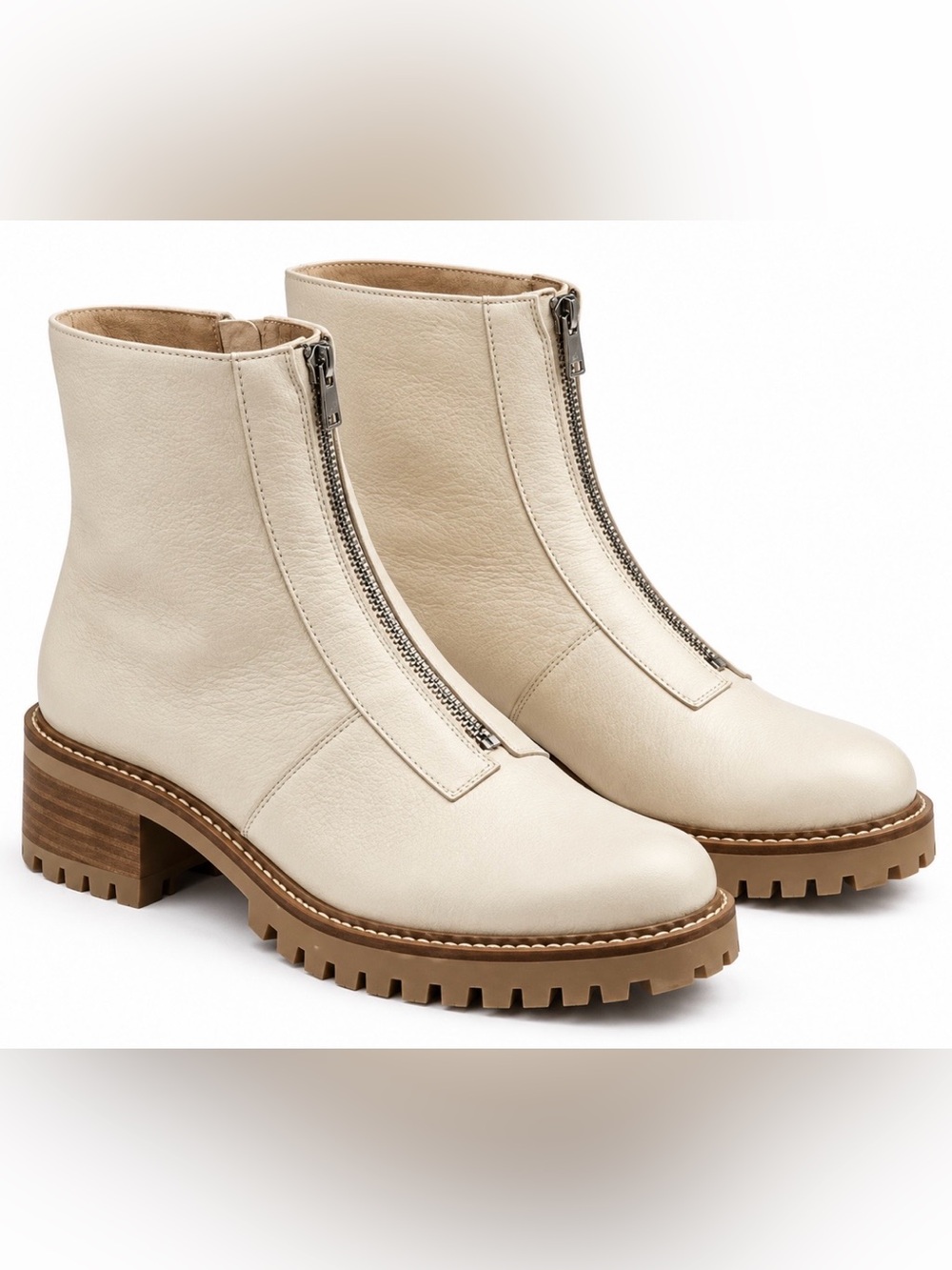 Bertuchi Spain Cream Leather Front Zip Lug Sole Ankle Boots Fall Winter Chunky 8